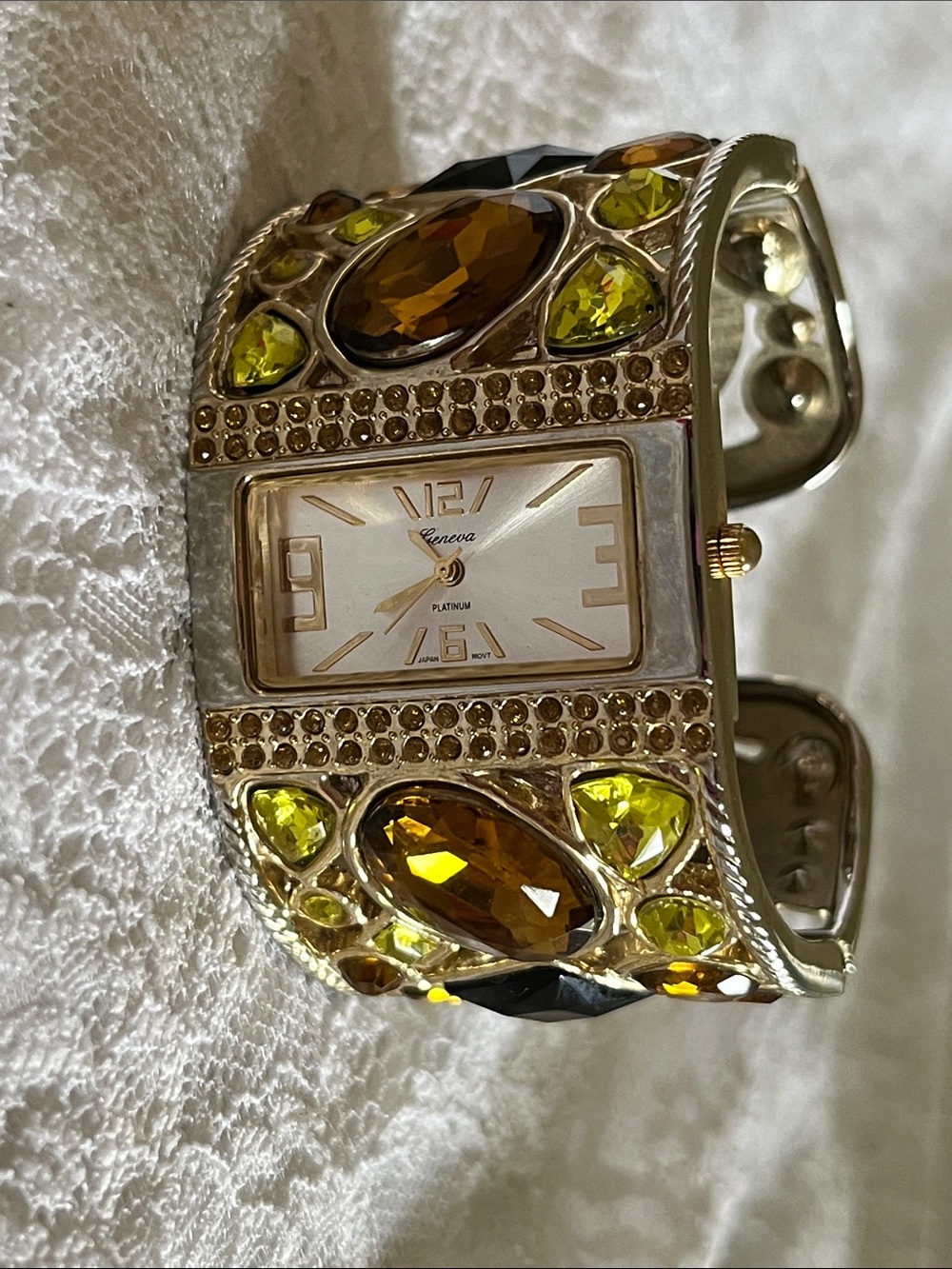 Geneva Gold-Tone Jeweled Cuff Watch with Amber and Lime Stones